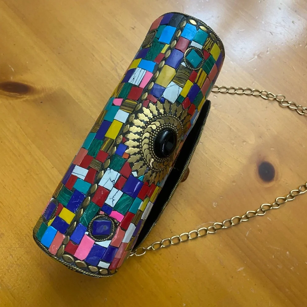 Clutch Crossbody Handcrafted Mosaic Stone Tiles Bag Chain Ornate Metal ANTIQUE - Picture 12 of 15